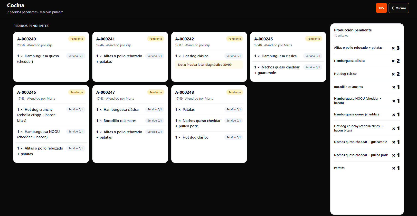 Cocina de NŌOU con pedidos y resumen de producción pendiente