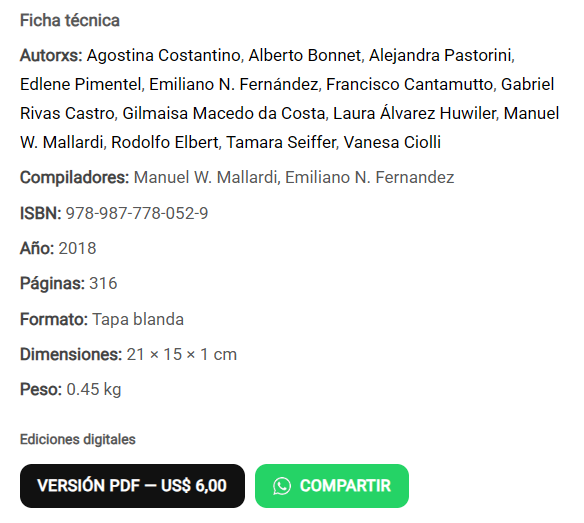 Ficha técnica real de Puka Editora con autorxs, compiladores, ISBN, año, páginas, formato y edición digital